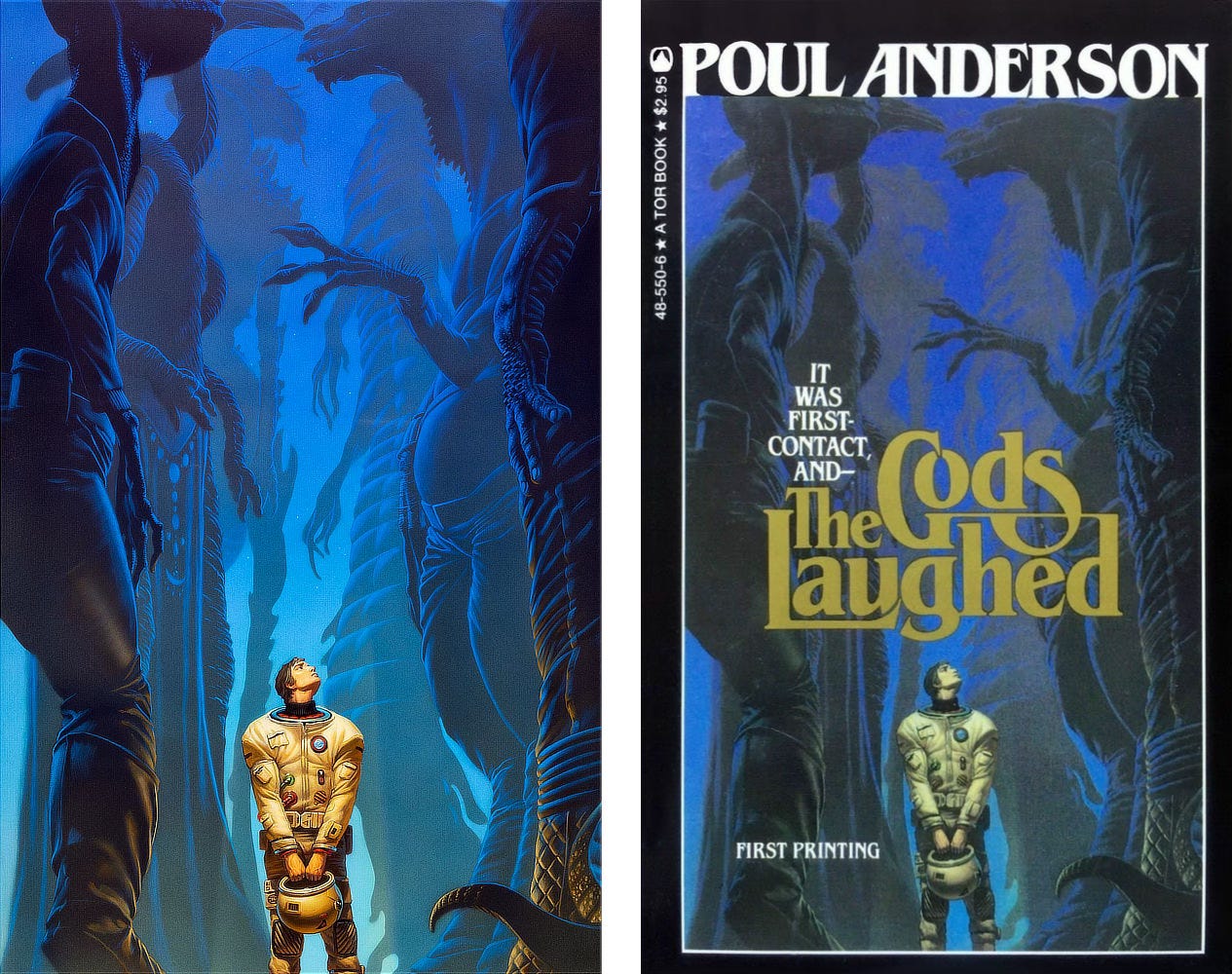 Illustration and cover side-by-side. Cover text includes “It was first contact, and The Gods Laughed.”   A man in white spacesuit stands meekly gripping the lip of his helmet with both hands. He cranes his neck to peer up at the enormous figures of aliens towering over him at 3-4 times his height. The aliens seem to be oblivious to the spaceman's presence as they gesture casually and converse.