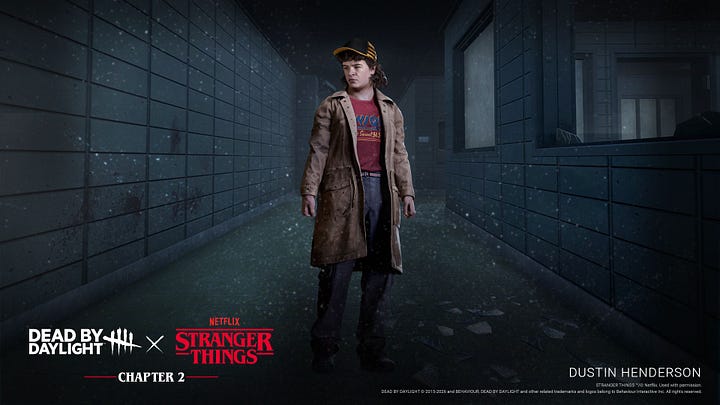 Dustin and Eleven from Stranger Things each standing alone in a dim, tiled hallway in Dead by Daylight