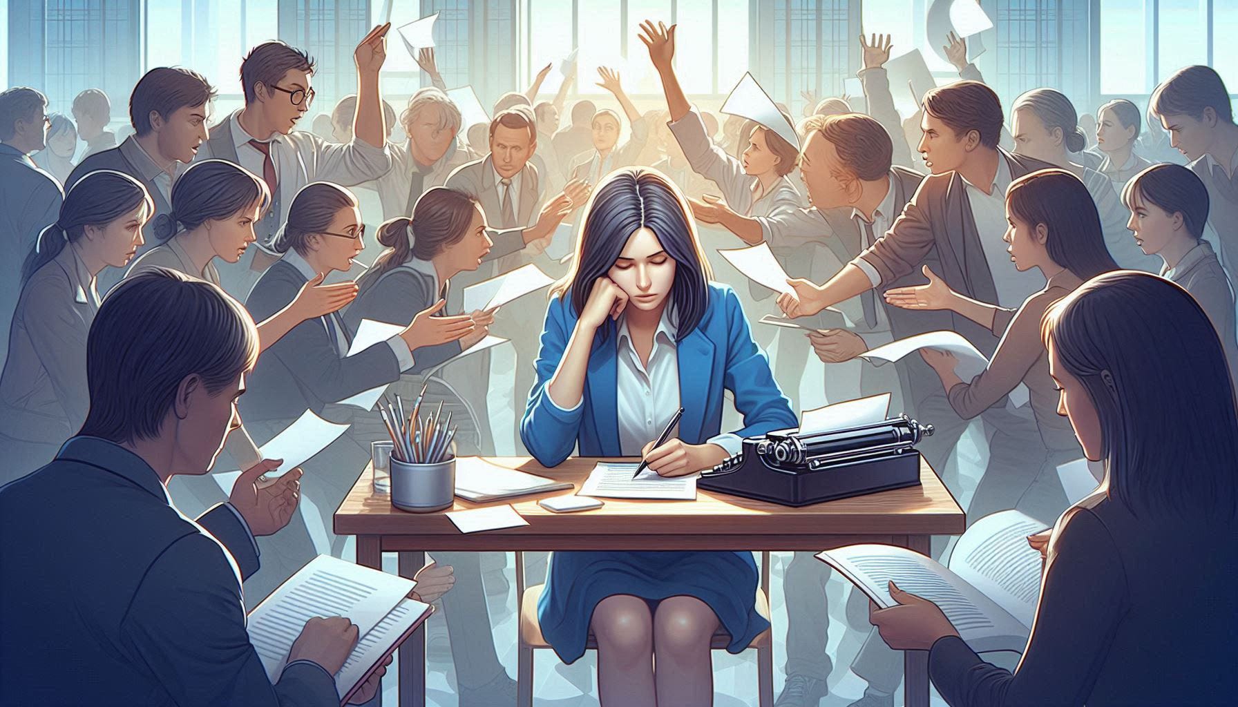 A writer is sat at a desk, writing. All around them are people trying to sell them something