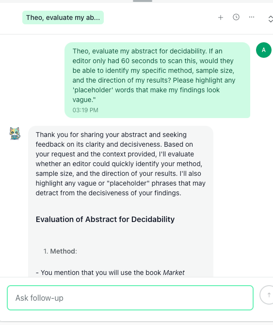 Chat with Theo conversation where the user requests an abstract decidability evaluation, asking whether method, sample size, and results direction are identifiable, and to flag vague placeholder terms.
