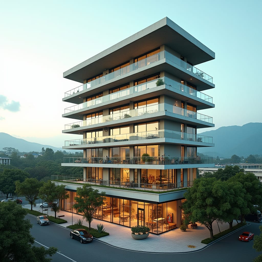 A sleek, modern apartment building in the heart of Kingston, Jamaica, rising above a bustling ground level that features a university campus, shops, cafes, and vibrant street life. The building's facade is a mix of glass and concrete, with clean lines and minimalist design. Large balconies offer views of the city and nearby mountains. The lower floors host students and professionals, creating a lively urban hub, while the upper residential floors provide peaceful, contemporary living spaces. The scene captures the blend of education, commerce, and modern urban lifestyle in Jamaica's capital. Urban sophistication, dynamic community, modern architecture.