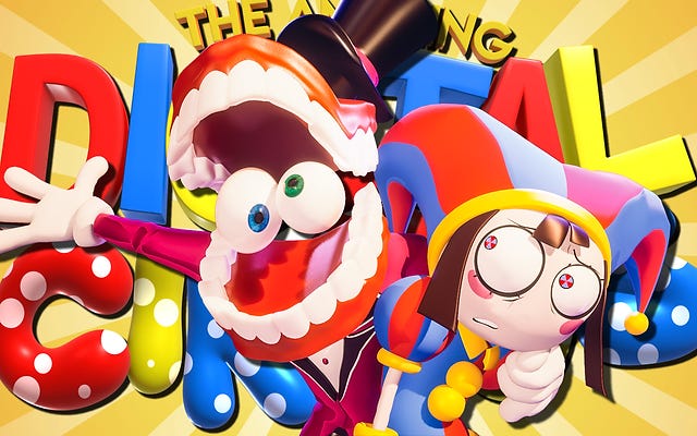 The Amazing Digital Circus logo with two of the main characters jumping up into the center of it. One character is a set of teeth with eyeballs and the other is a jester.