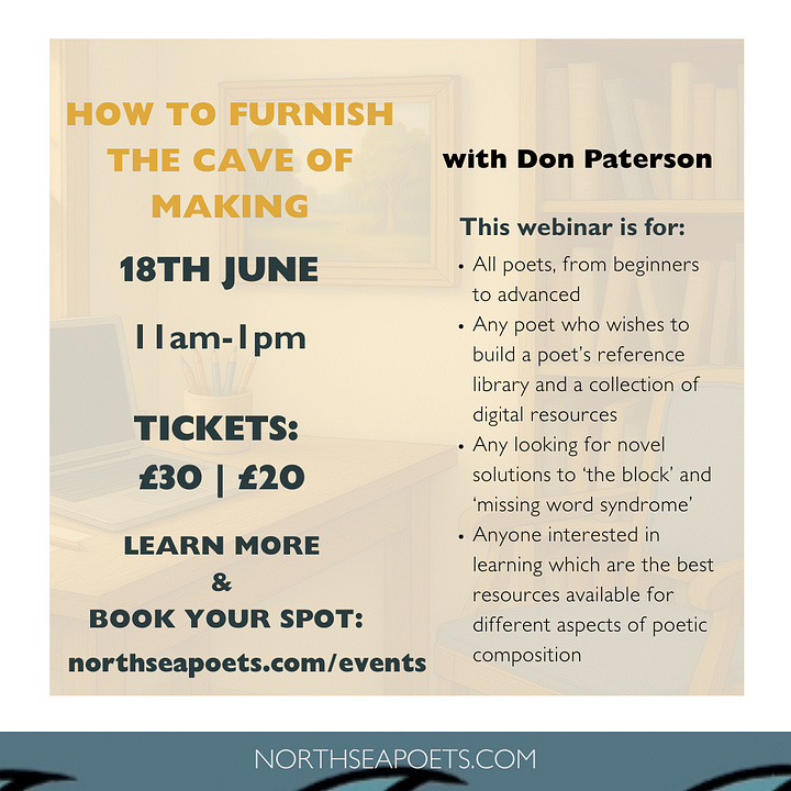 A description of Don Paterson's upcoming webinar How to Furnish the Cave of Making. There's an AI-generated image of an office in the middle of the first image and in the background of the second image.