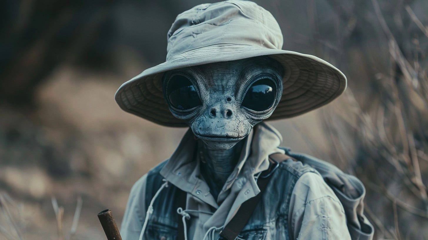 An alien gray in a safari outfit