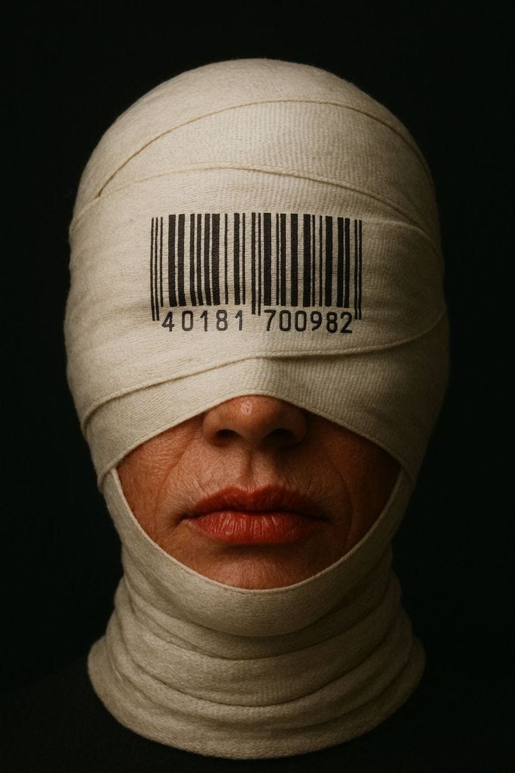 This may contain: a woman with a barcode on her head and neck wrapped around the top of her head