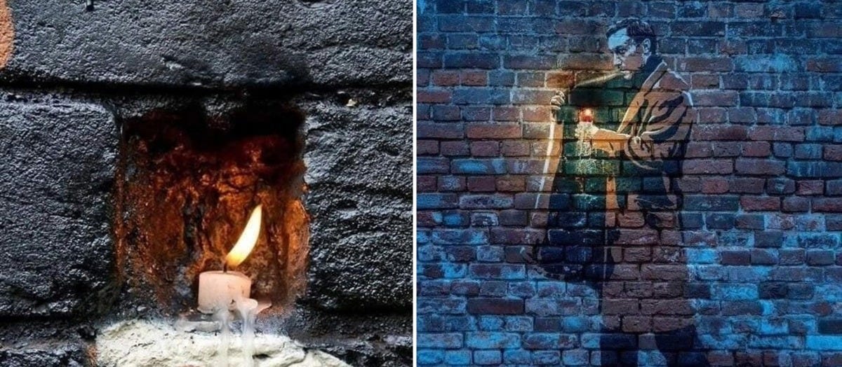 A close-up of a black brick wall in Moscow, Russia, where a missing brick has been intentionally left to create a space for a single white candle. The candle is lit, with wax dripping down the edges, symbolizing a tribute to the film Nostalghia by Andrei Tarkovsky. The candle's warm light contrasts with the dark, weathered wall, evoking themes of memory and fragility. Right side: A mural on a red brick wall depicting a man holding open his trench coat to reveal a glowing candle inside. The artwork draws inspiration from Nostalghia's iconic candle-carrying scene, with the artist skillfully blending the candle's glow into the textured surface of the wall. This site-specific piece captures a moment of quiet reflection and homage.