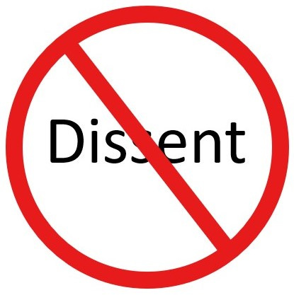 The word dissent in a red circle with a red line through it.