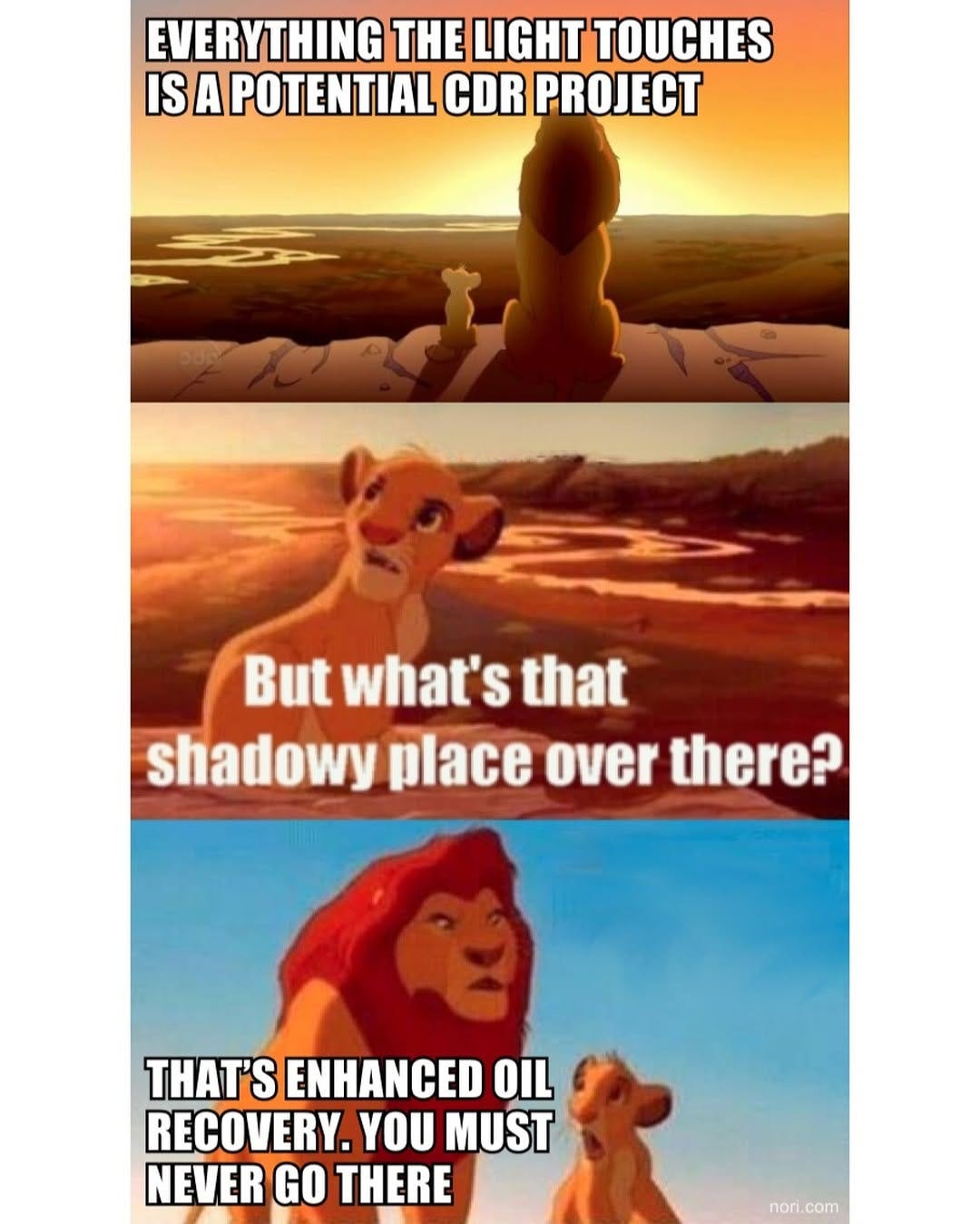 Three-panel Lion King meme. Mufasa: "Everything the light touches is a potential CDR project." Simba: "But what's that shadowy place over there?" Mufasa: "That's enhanced oil recovery. You must never go there."