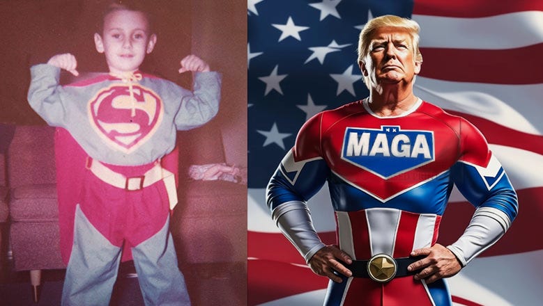 Two photos side by side: Left is me at age five, posing in my Superman suit, right is an AI meme showing Donald Trump as a superhero with a MAGA label across his chest, easily 100 lbs lighter and ten times stronger than he is in life.