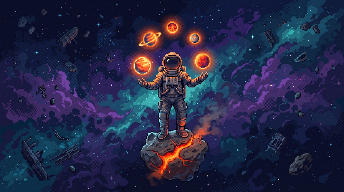 An astronaut juggling five glowing planets on a cracking asteroid