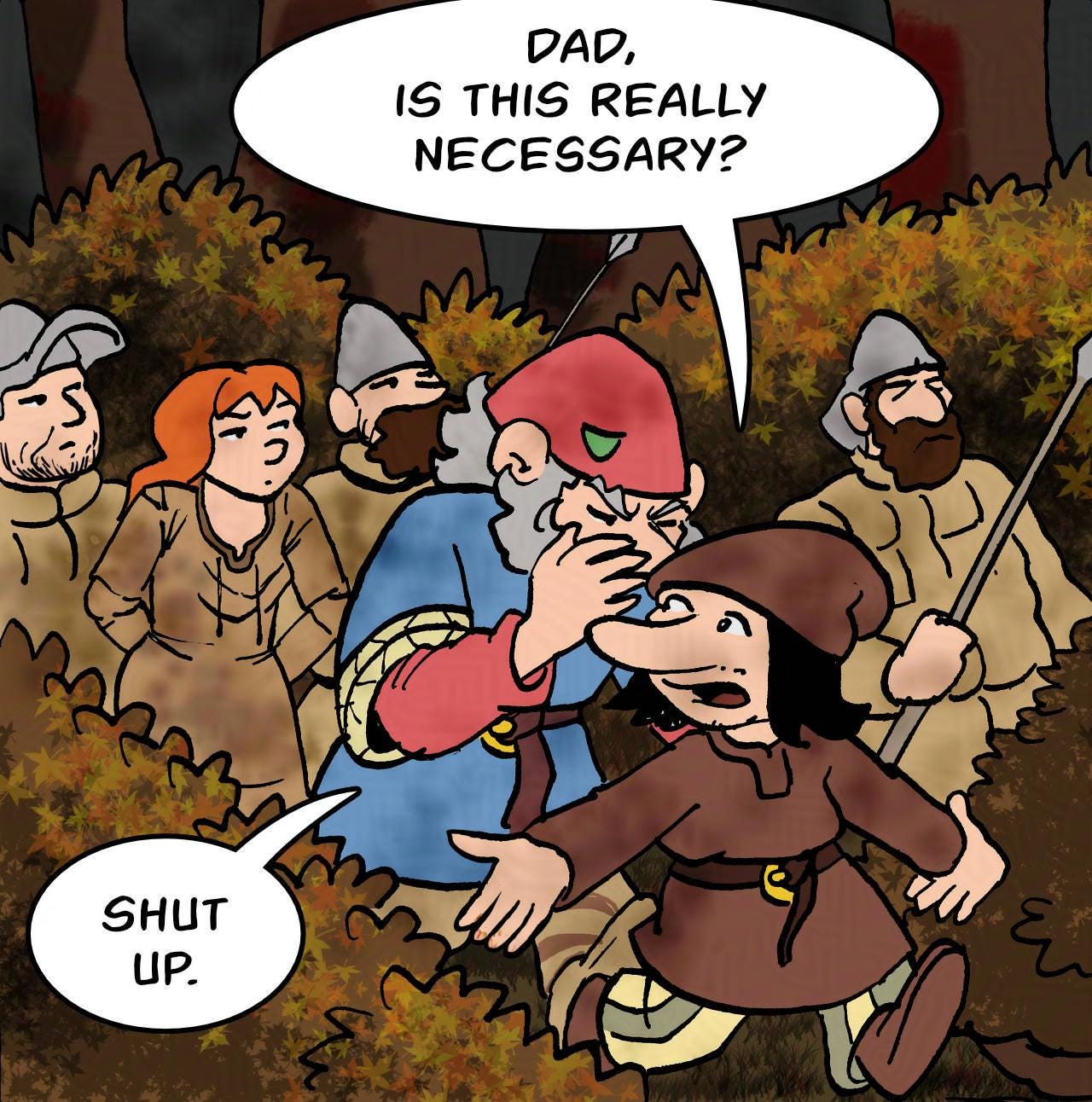 Panel 1. Hogsworth, his men and his arrestees are marching through the forest.  Bertie: Dad, is this really necessary? Hogsworth: Shut up. 