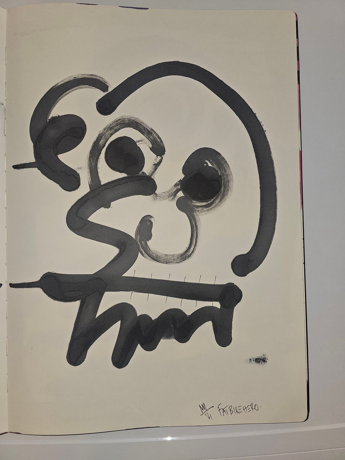 Neo-expressionist ink drawing of a distorted skull with detached ear and pierced jaw by FatbikeHero.