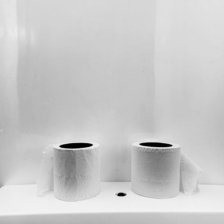 two images that both share the theme of five shades of grey on the left coats on a coat rail on the right toilet roll sitting on a shelf in a bathroom