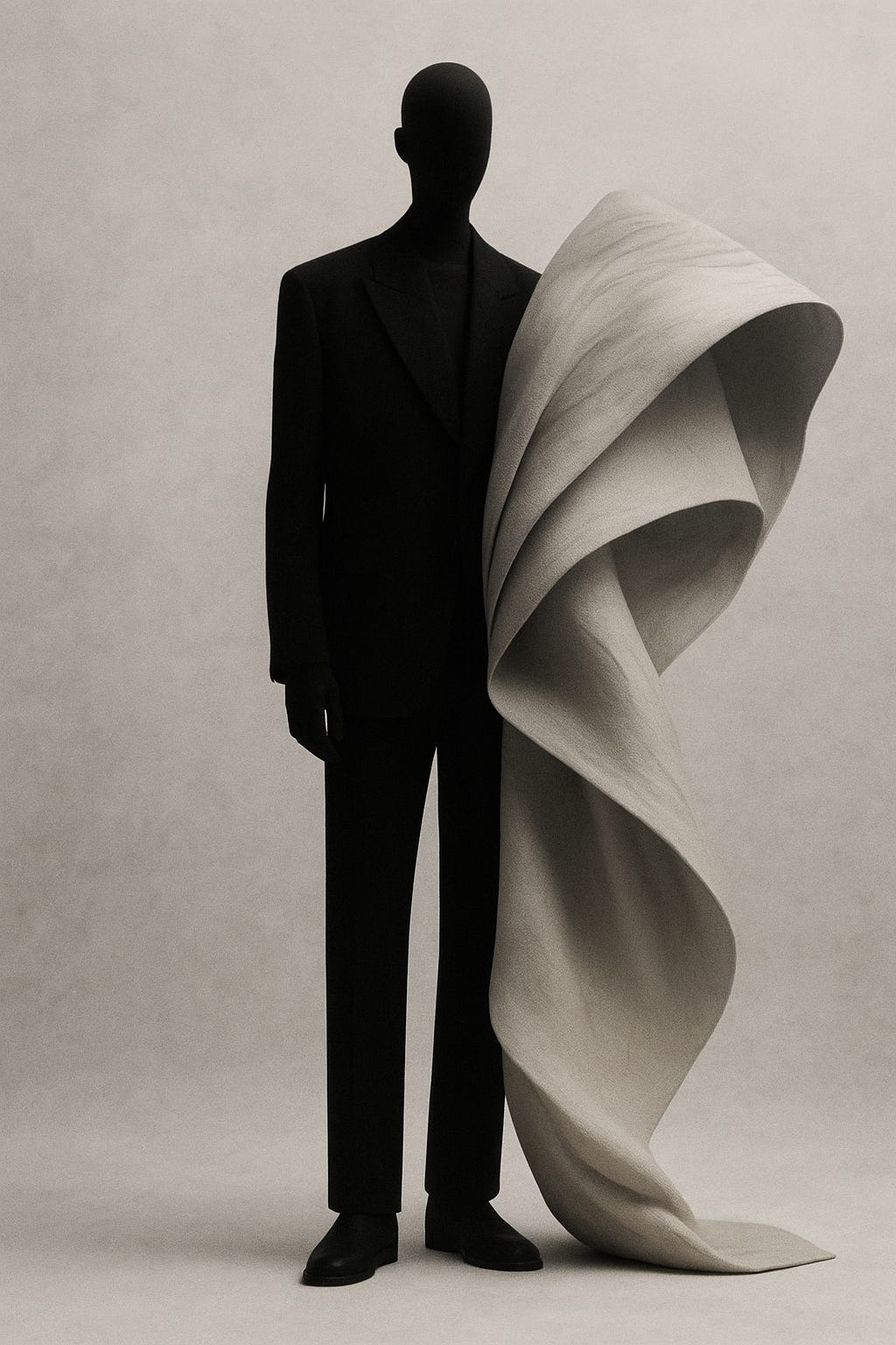 Abstract, gender-neutral figures dressed in sculptural silhouettes that explore the relationship between body, perception, and identity. Inspired by the idea of dressing as self-authorship, the images visualize form as language — not correction, but construction.