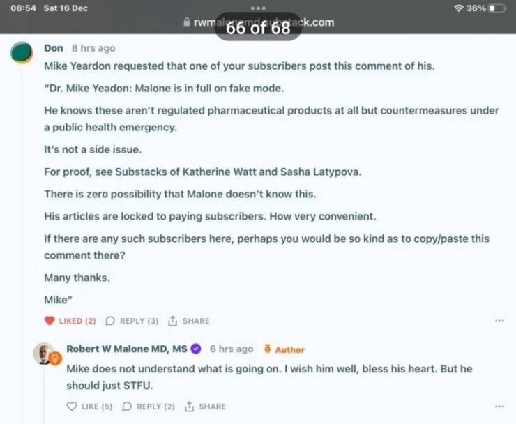 Vigilant News ask the key question: "Dr. Malone Versus The World: Why Is He At War With Everyone?"; he attacks SAGE HANA, Drs. Alexander, Yeadon, McCullough; list goes on yet he is common denominator