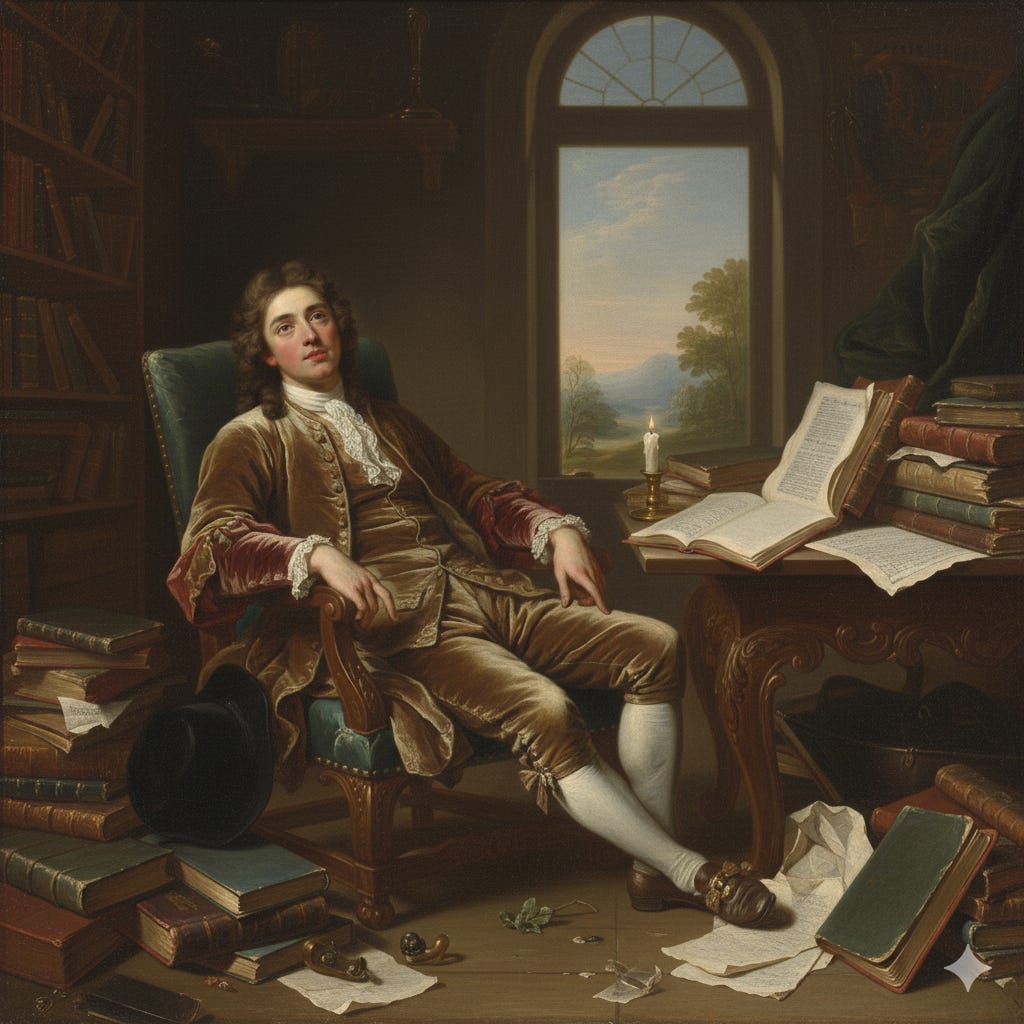 Image of a person sitting in a chair, lost in thought as they're surrounded by books.