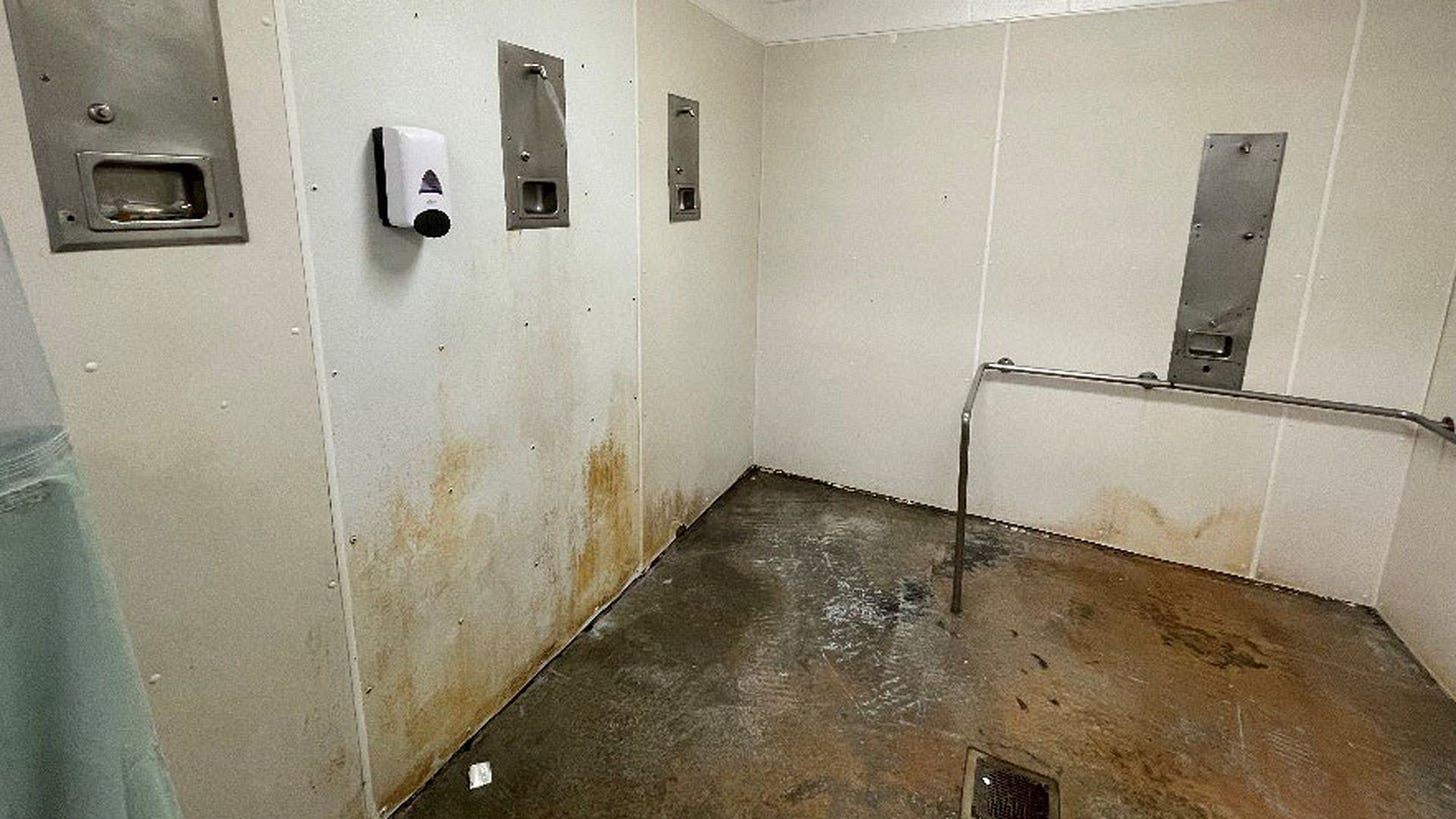 A photograph of a moldy shower area.