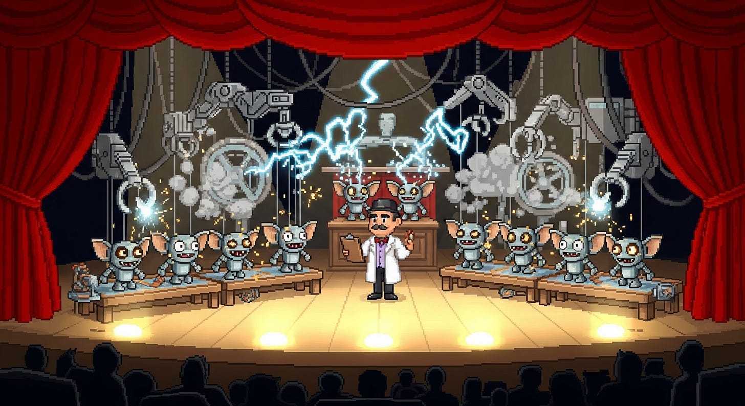 Prompt for Gemini: 90s retro River City–style pixel art, scaled up and cutesy, set on a puppet-theater stage. Red velvet curtains frame a whimsical assembly line producing pixelated tiny mechanical gremlin (pixel sprite)-style robots. The stage floor glows under warm spotlights, with mechanical arms and hanging cables stitching and zapping new automatons to life. In the center, a puppetmaster-scientist stands like a showman, clipboard in hand, while lightning arcs across whirring machines:  Each new tiny mechanical gremlin (pixel sprite) rises from a workbench with glowing seams and expressive, naive faces. Steam and sparks swirl in a nostalgic 16-bit haze. The tone is playful and self-aware — a theatrical factory of creation, blending mad-science energy with stagecraft magic, viewed from the audience at a low angle for cinematic depth.