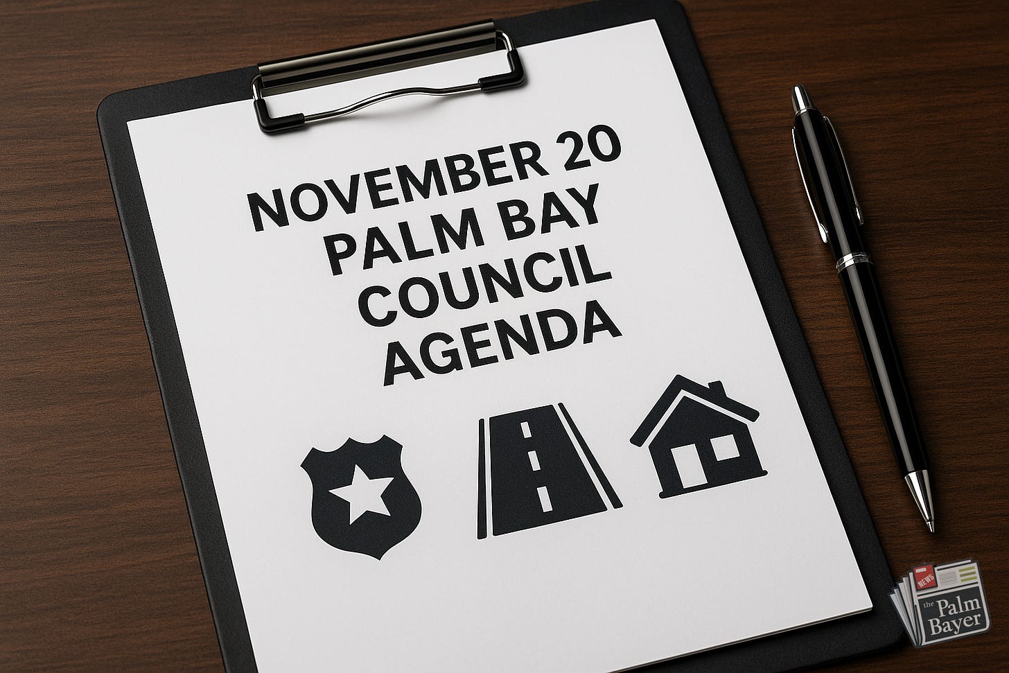 A clipboard displaying a printed sheet titled “November 20 Palm Bay Council Agenda” with icons for police, roads, and housing, resting on a wooden desk beside a black pen.
