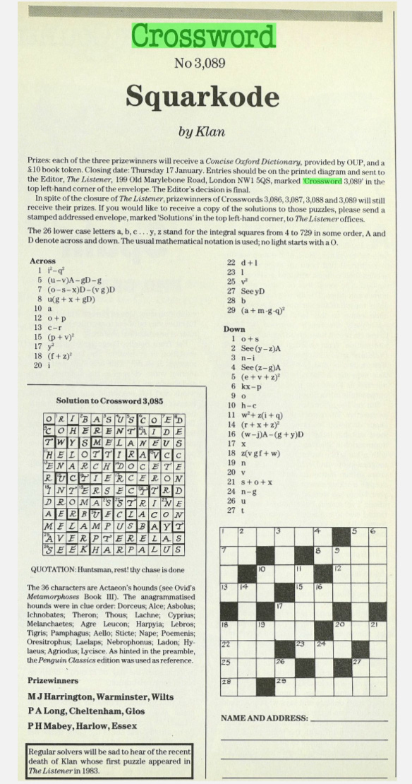 Crossword from The Listener