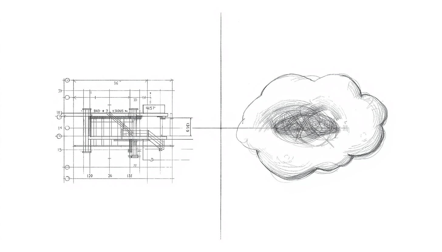 Blueprint-precise bullet point next to a formless cloud of vague resume language