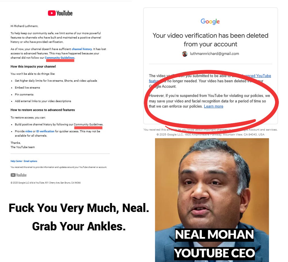 Luthmann Unleashes War: Journalist challenges YouTube's content moderation, accusing CEO Neal Mohan of censorship smacking of treason.