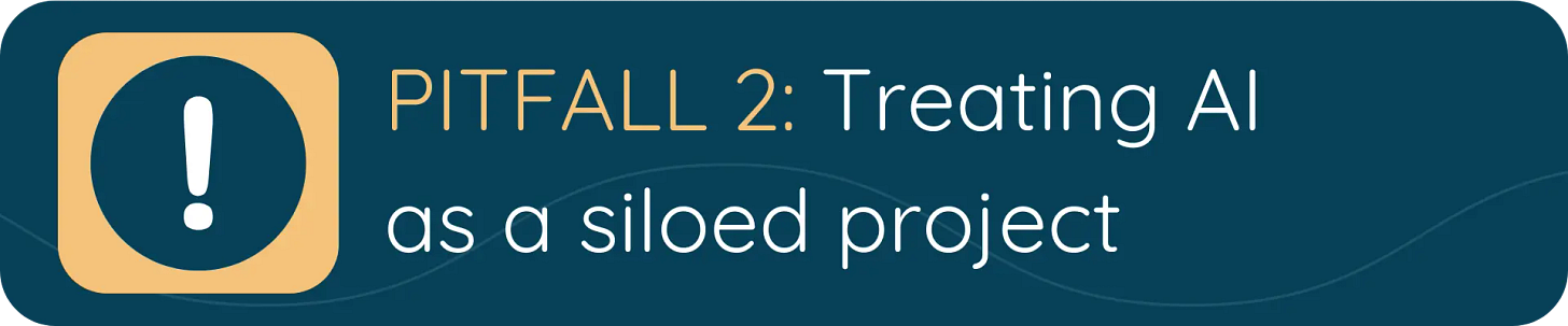 A dark blue banner with a yellow alert icon and the text “PITFALL 2: Treating AI as a siloed project,” highlighting the mistake of isolating AI from broader business strategy.