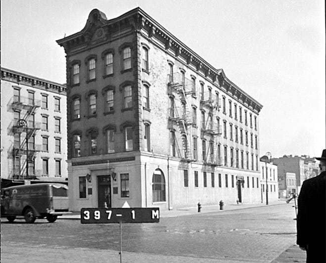 photos from 1940 and 2025 of the same place on East Houston St & Ave A