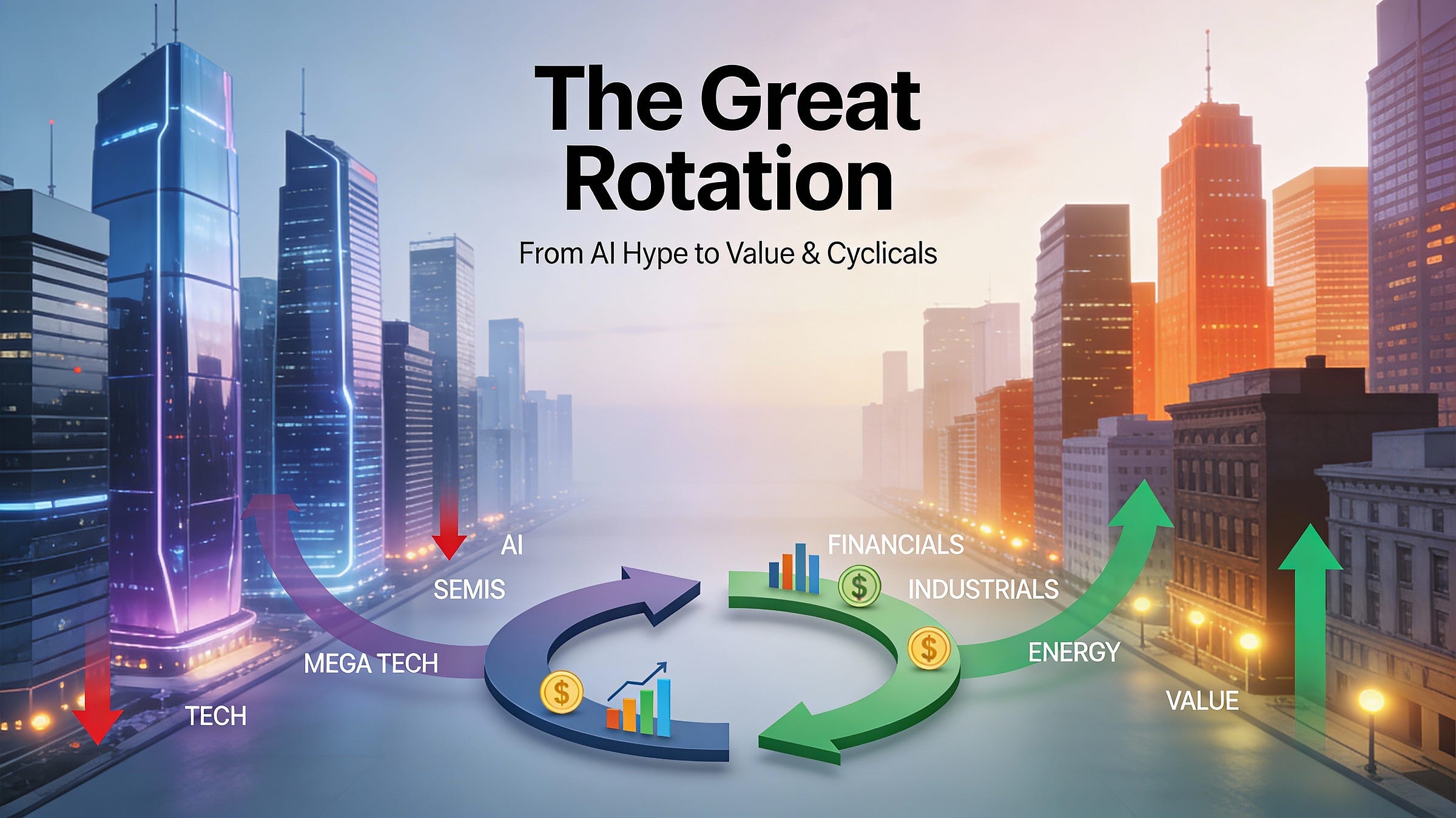 Illustration of money rotating from AI megacap tech into value and cyclical sectors.