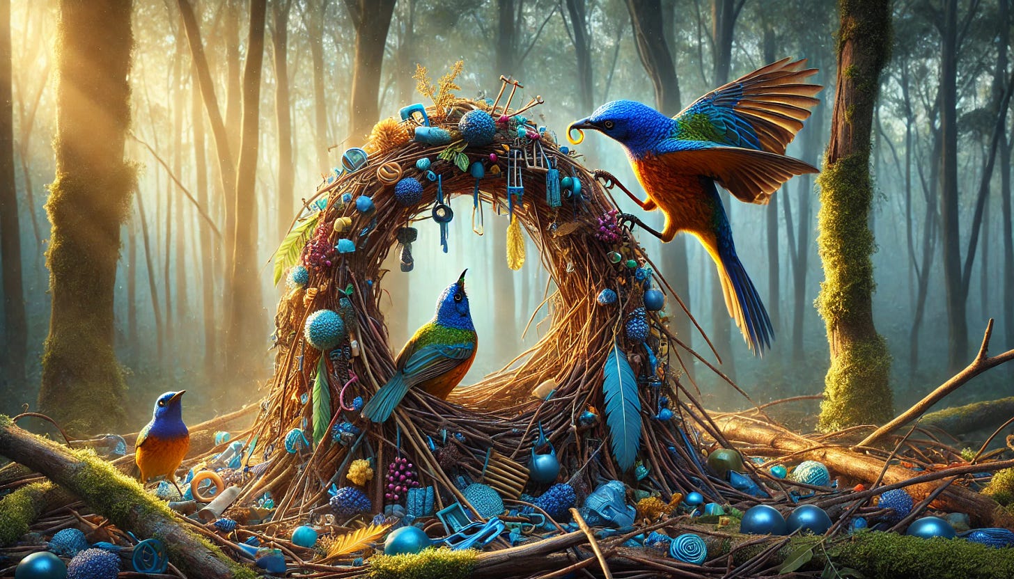 A highly realistic, photograph-style image depicting a male bowerbird in the process of building its elaborate nest to attract females. The bird, with its vibrant plumage, is seen meticulously arranging bright blue objects, such as flowers, berries, and plastic pieces, around a carefully constructed arch made of twigs. In the background, a dense forest provides a natural setting, with sunlight filtering through the trees, casting a warm glow. A female bowerbird is perched nearby, observing the male's efforts with interest, while the scene emphasizes the intricate details of the nest and the bird's behavior. The overall atmosphere is vibrant and lively, highlighting the unique courtship ritual of bowerbirds. A highly realistic, photograph-style image depicting a male bowerbird in the process of building its elaborate nest to attract females. The bird, with its vibrant plumage, is seen meticulously arranging bright blue objects, such as flowers, berries, and plastic pieces, around a carefully constructed arch made of twigs. In the background, a dense forest provides a natural setting, with sunlight filtering through the trees, casting a warm glow. A female bowerbird is perched nearby, observing the male's efforts with interest, while the scene emphasizes the intricate details of the nest and the bird's behavior. The overall atmosphere is vibrant and lively, highlighting the unique courtship ritual of bowerbirds.