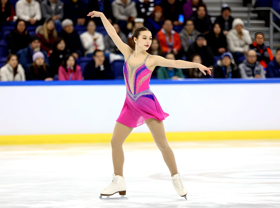 A woman figure skater prepares to start her program at a competition.