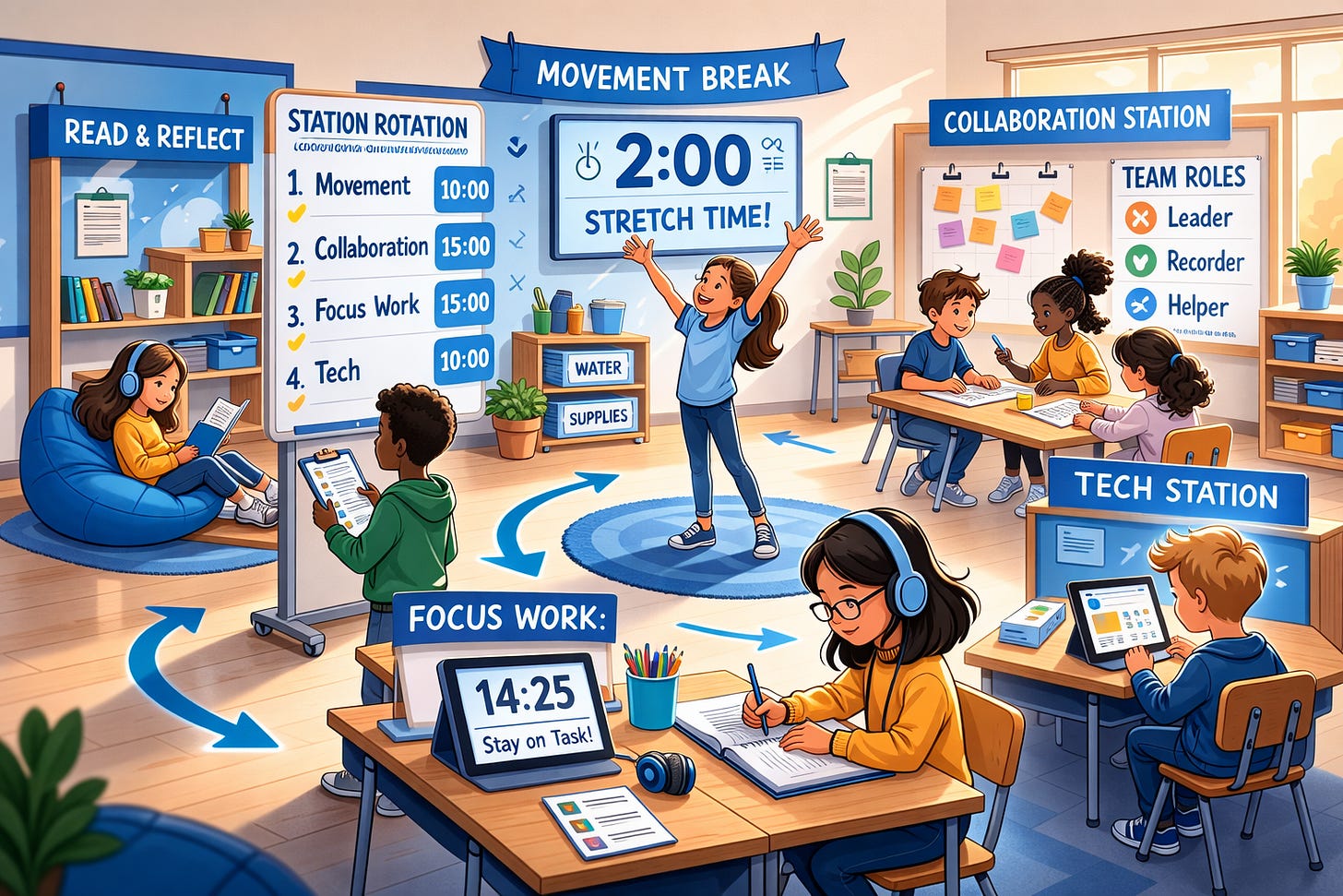 A 16:9 anime style illustration of a warm, softly lit classroom organized into clearly defined learning stations. Blue signs label areas such as Math Tasks, Reading, and Tech, with a central display board showing a visible rotation schedule and countdown timers. Students are calmly rotating between stations, working at desks in small groups with role cards like Leader, Timer, and Recorder displayed on the wall. In the center of the room, one student stands on a circular blue rug stretching during a scheduled movement break while classmates remain focused on their tasks. Arrows on the floor visually guide transitions between stations. The overall atmosphere feels structured, purposeful, and flexible rather than chaotic, with Empower brand blues, warm neutrals, and soft natural light creating a calm, organized learning environment. A 16:9 anime style illustration of a warm, softly lit classroom organized into clearly defined learning stations. Blue signs label areas such as Math Tasks, Reading, and Tech, with a central display board showing a visible rotation schedule and countdown timers. Students are calmly rotating between stations, working at desks in small groups with role cards like Leader, Timer, and Recorder displayed on the wall. In the center of the room, one student stands on a circular blue rug stretching during a scheduled movement break while classmates remain focused on their tasks. Arrows on the floor visually guide transitions between stations. The overall atmosphere feels structured, purposeful, and flexible rather than chaotic, with Empower brand blues, warm neutrals, and soft natural light creating a calm, organized learning environment.