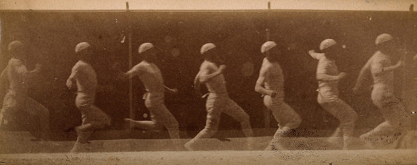 A man dressed in white pictured in different sequences of running A man dressed in white pictured in different sequences of running