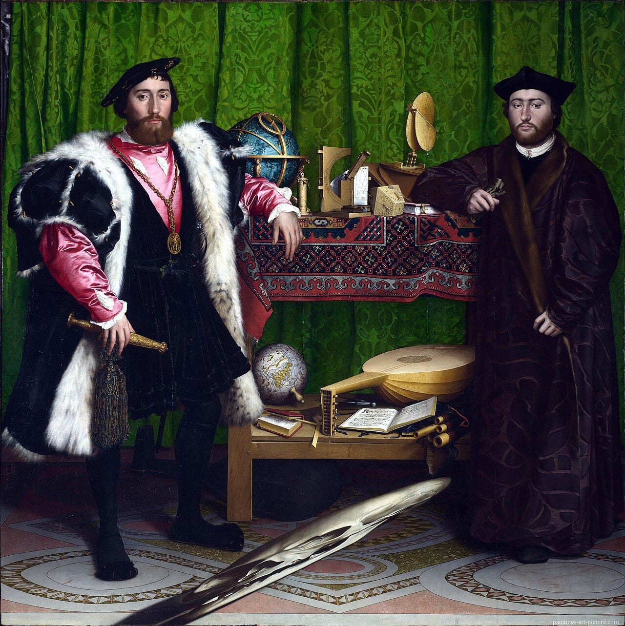 Two men stand beside a table of instruments in Holbein's The Ambassadors, with a distorted skull stretched across the floor