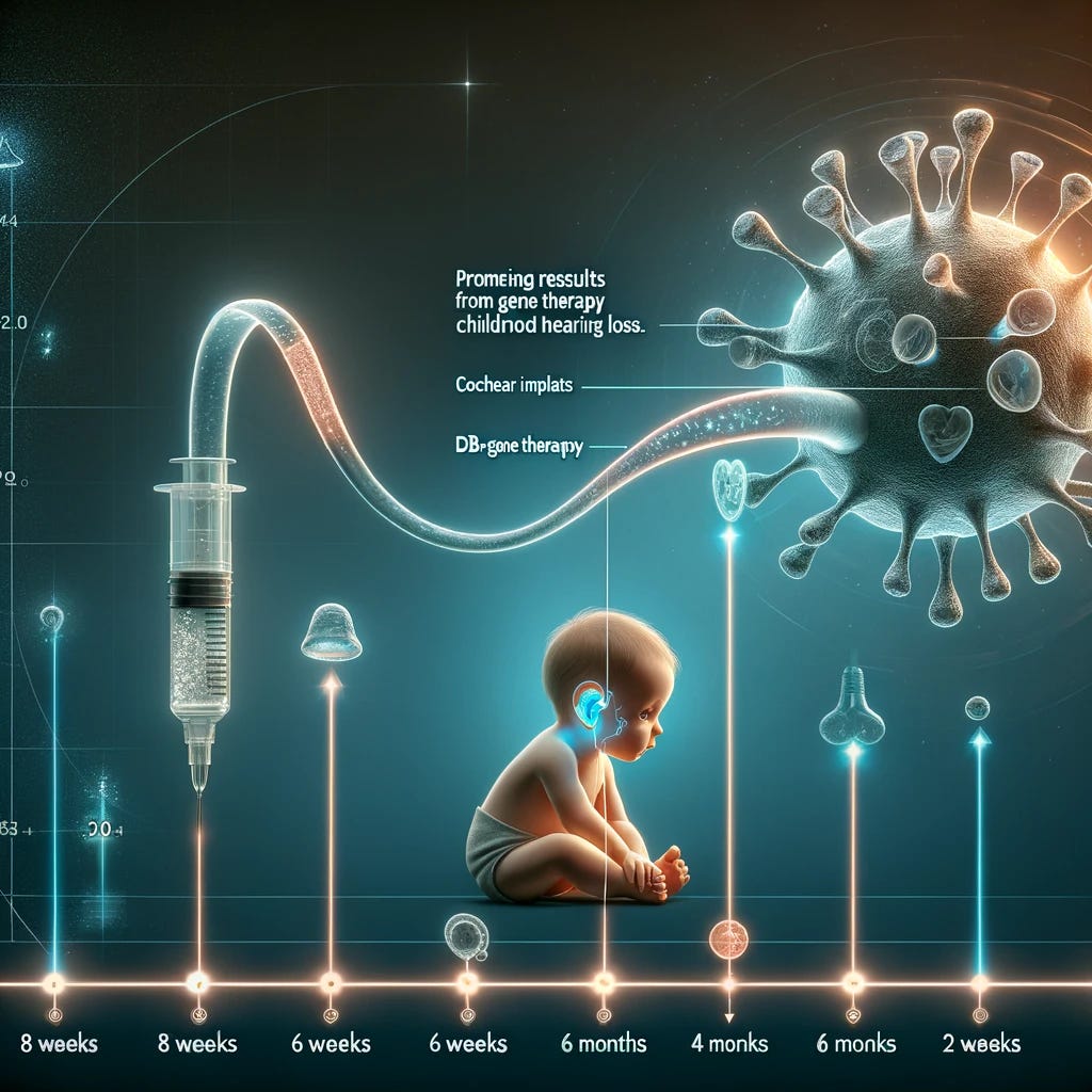 A highly simplified, stylized, and realistic infographic titled 'Promising Results from Gene Therapy for Childhood Hearing Loss.' The image should be minimalistic with a clean, modern look and a science fiction aesthetic. Include very simple, realistic images of a baby and a child with cochlear implants, labeled '8 months old' and '4 years old.' Show a basic timeline with points marked '4 weeks,' '6 weeks,' '6 months,' and '24 weeks' indicating hearing improvement. Feature a minimal stylized depiction of a virus delivering a gene to an ear cell, labeled 'DB-OTO gene therapy.' The overall design should be sleek, easy to understand, and visually appealing with glowing elements and a futuristic feel.
