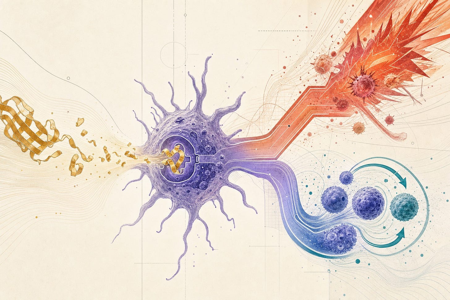 An editorial biological landscape showing a bright gluten fragment approaching a branching immune decision point, with one path becoming inflammatory and another becoming tolerant