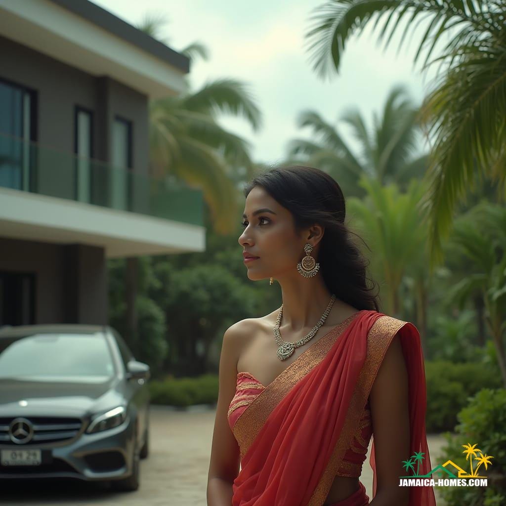 Indian woman with elegant sari and delicate jewelry, standing confidently in front of a sleek, modern home in Kingston, Jamaica, with a parked car beside her, surrounded by lush Caribbean foliage. Cinematic film still, shot on high-end digital camera, with subtle film grain, vignette, and precise color grading, evoking a sense of drama and sophistication, reminiscent of the works of Roger Deakins, Emmanuel Lubezki, and Ashok Mehta, with their masterful use of natural light and atmospheric depth, 35mm film aesthetic, live-action, with a focus on capturing the beauty of the everyday moment, infused with a sense of wonder and majesty.