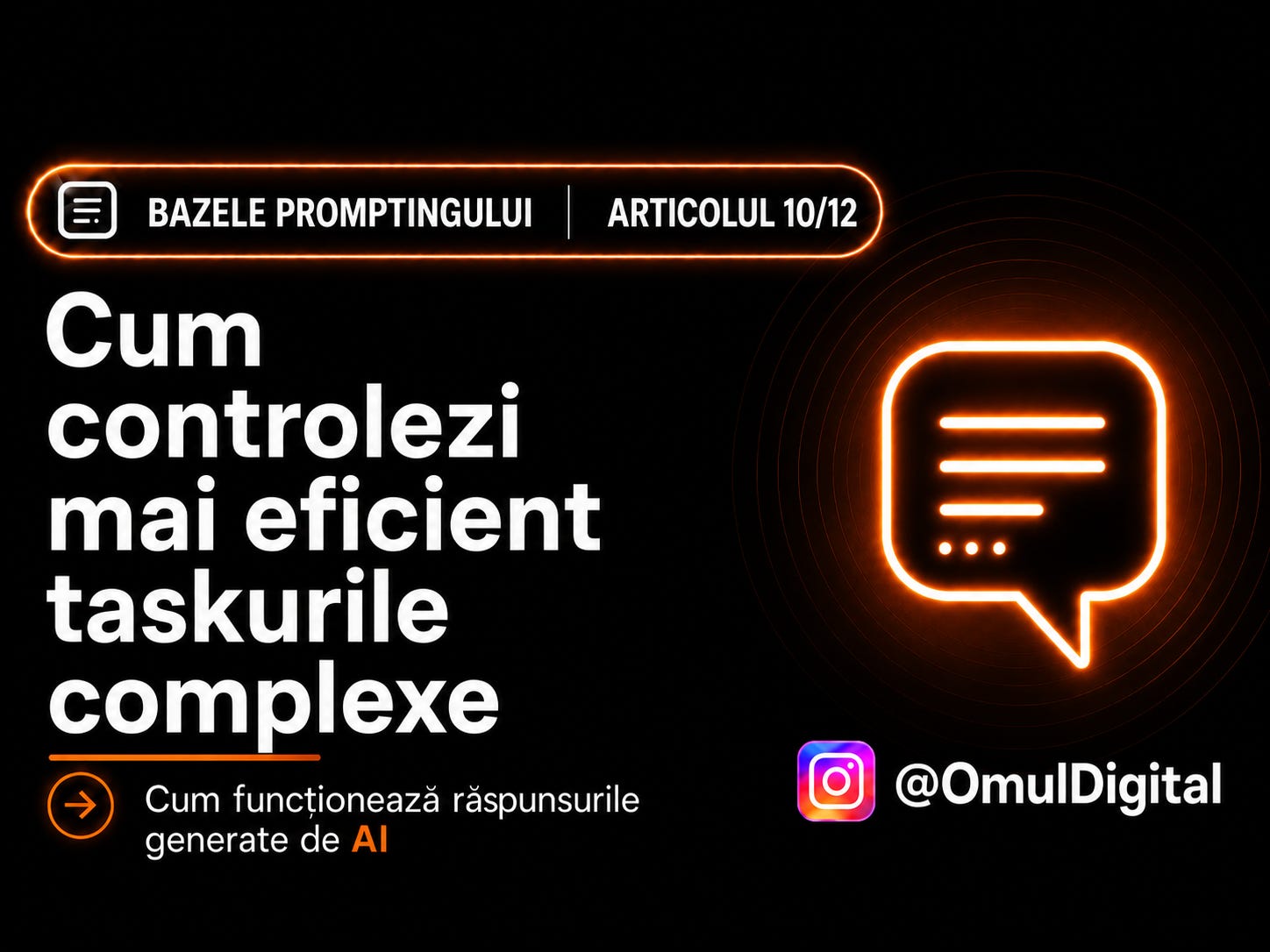 Cover pentru seria „Bazele promptingului” de la Omul Digital, cu titlul articolului, icon de chat și design mov dedicat materialelor despre prompt engineering. Cover pentru seria „Bazele promptingului” de la Omul Digital, cu titlul articolului, icon de chat și design mov dedicat materialelor despre prompt engineering.