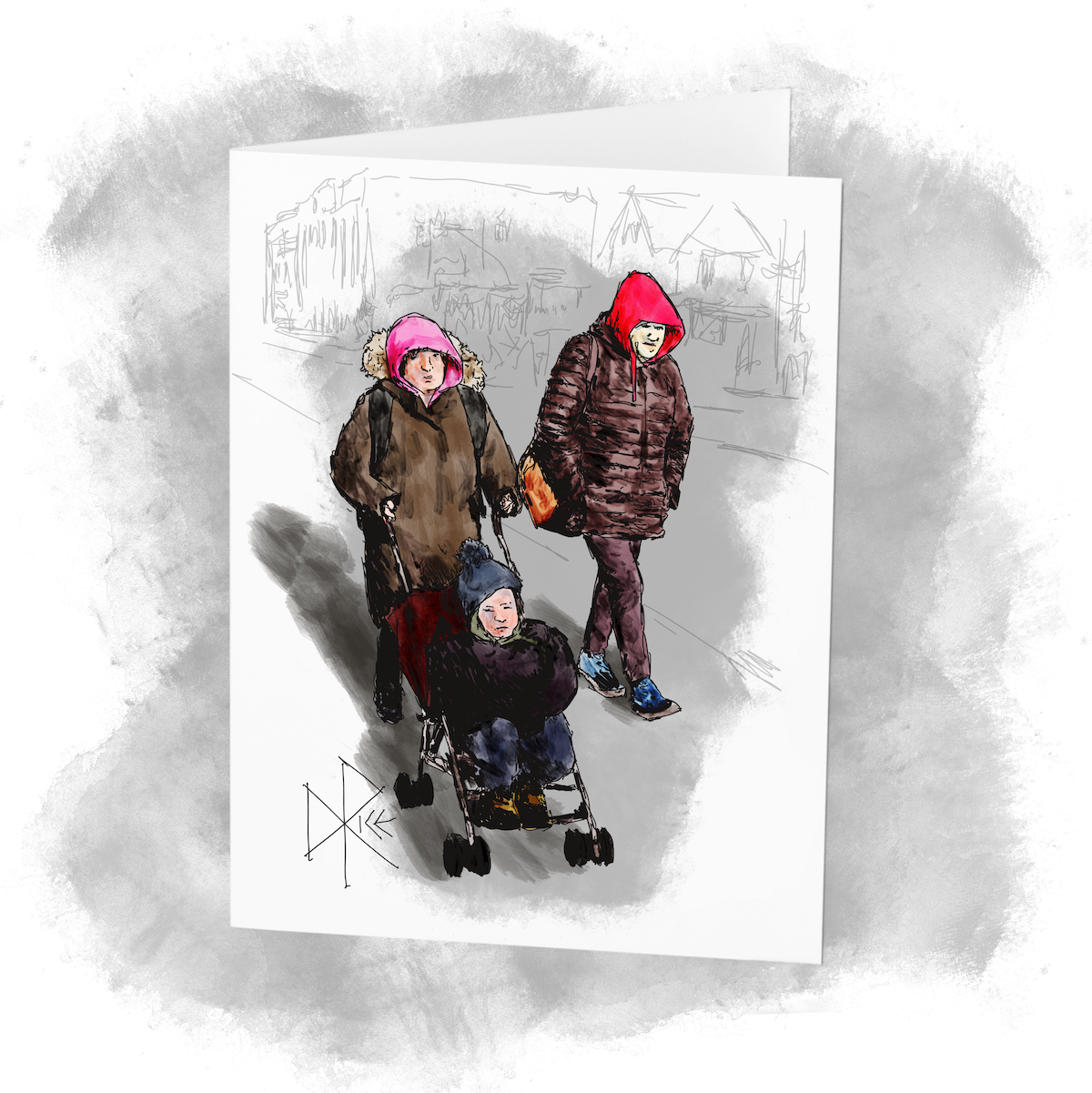 Walking outdoors on a sunny day, a woman pushes a baby in a stroller as a friend walks along beside them. Sketch art by Don Rice. Walking outdoors on a sunny day, a woman pushes a baby in a stroller as a friend walks along beside them. Sketch art by Don Rice.