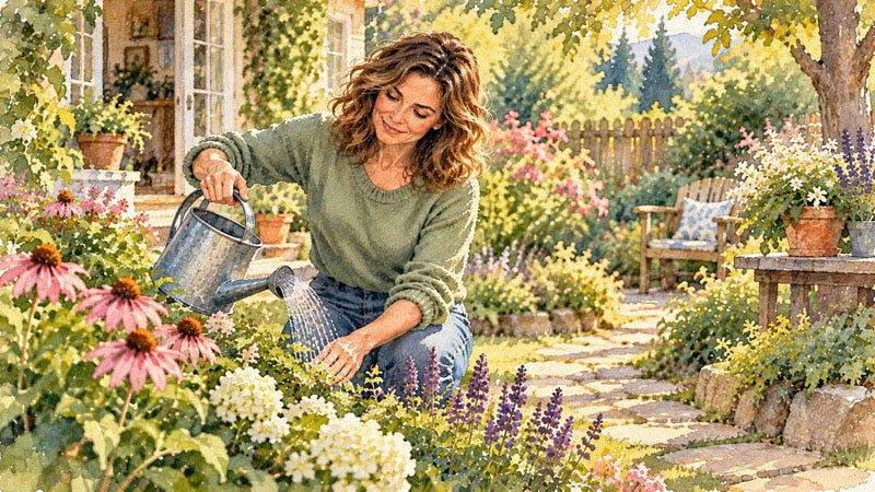 A highly sensitive woman stops fretting about an unanswered message and smiles peacefully as she waters flowers in a lush backyard garden.