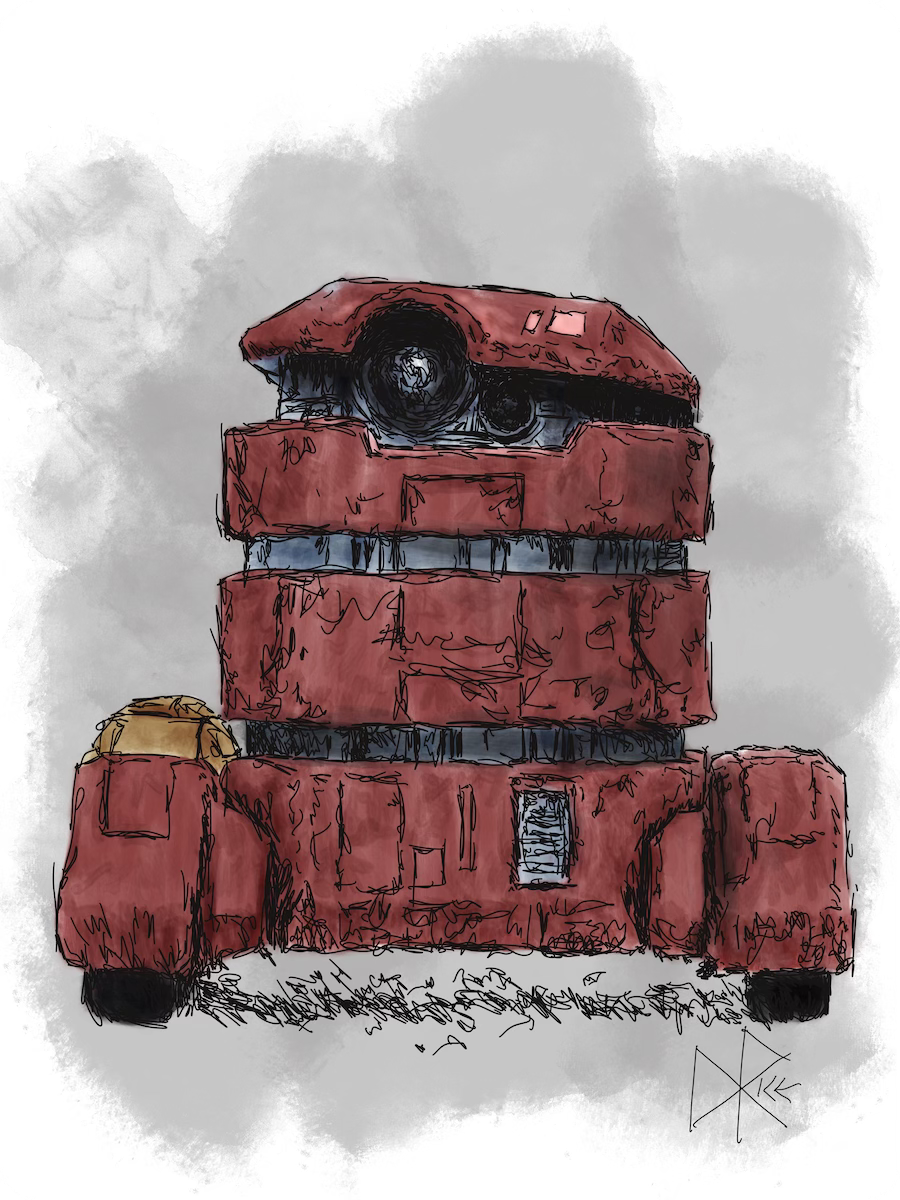As featured in ‘Andor’, the old and weary groundmech droid B2EMO (more commonly referred to as ‘Bee’ or ‘Bee-two’) looks quizzically at something while rolling down the street. Sketch art by Don Rice.