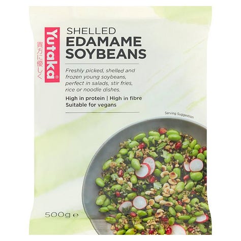 Packets of pre-cooked rice, kimchi and frozen edamame.