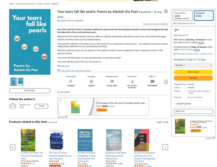 Image of Amazon page for Your tears fall like pearls