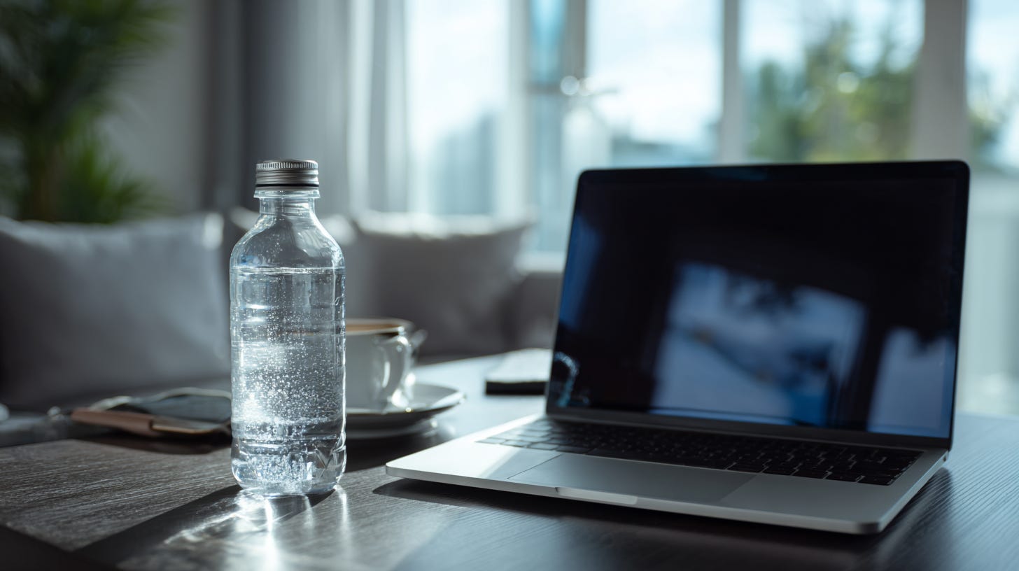 Water bottle on desk next to laptop showing AI writing assistant, illustrating ChatGPT's 519ml water usage per query Water bottle on desk next to laptop showing AI writing assistant, illustrating ChatGPT's 519ml water usage per query