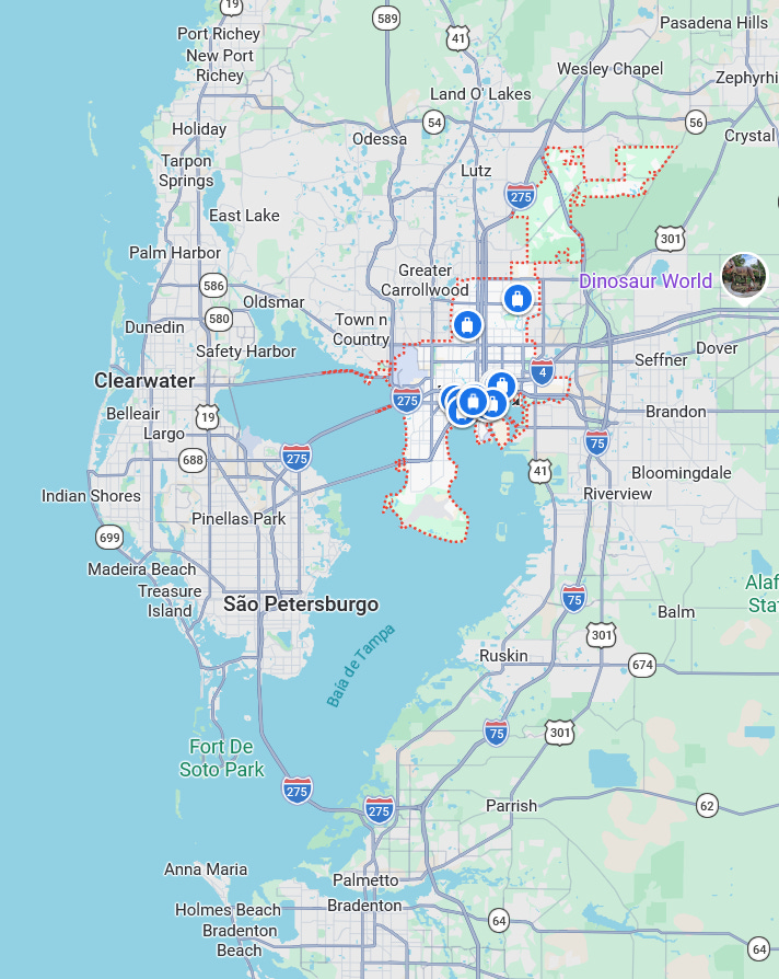 Print do Google Maps da região da Baía de Tampa, com uma grande conurbação de cidades como São Petersburgo e Clearwater. Uma grande baía adentra o continente e uma pequena península nessa baía é a cidade de Tampa.