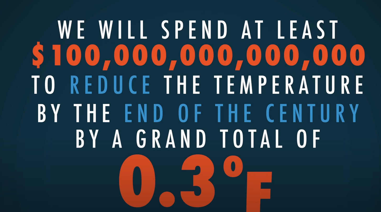 We will spend $100 trillion to reduce the temperature by the end of the century by a grand total of 0.3% We will spend $100 trillion to reduce the temperature by the end of the century by a grand total of 0.3%
