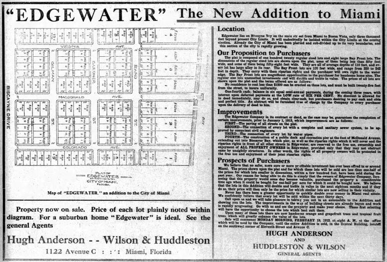 Ad in the Miami Metropolis on February 19, 1912, for the Edgewater Subdivision. Ad in the Miami Metropolis on February 19, 1912, for the Edgewater Subdivision.