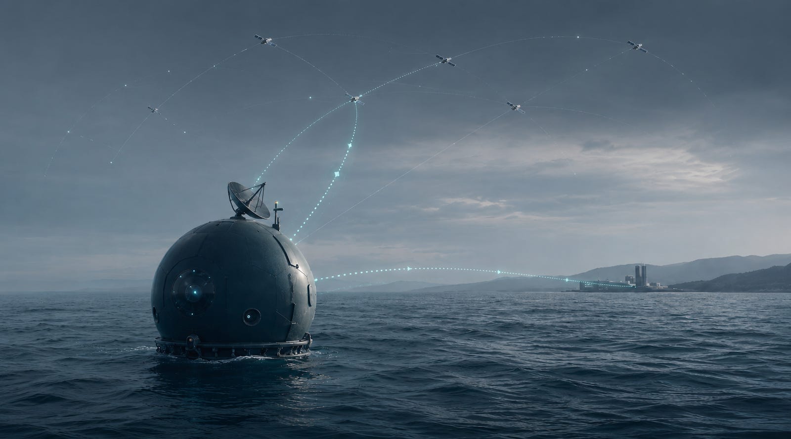 Illustration of offshore wave-powered AI inference units communicating with low-earth orbit satellites, representing Panthalassa’s floating data-center concept and ocean-energy constraints.
