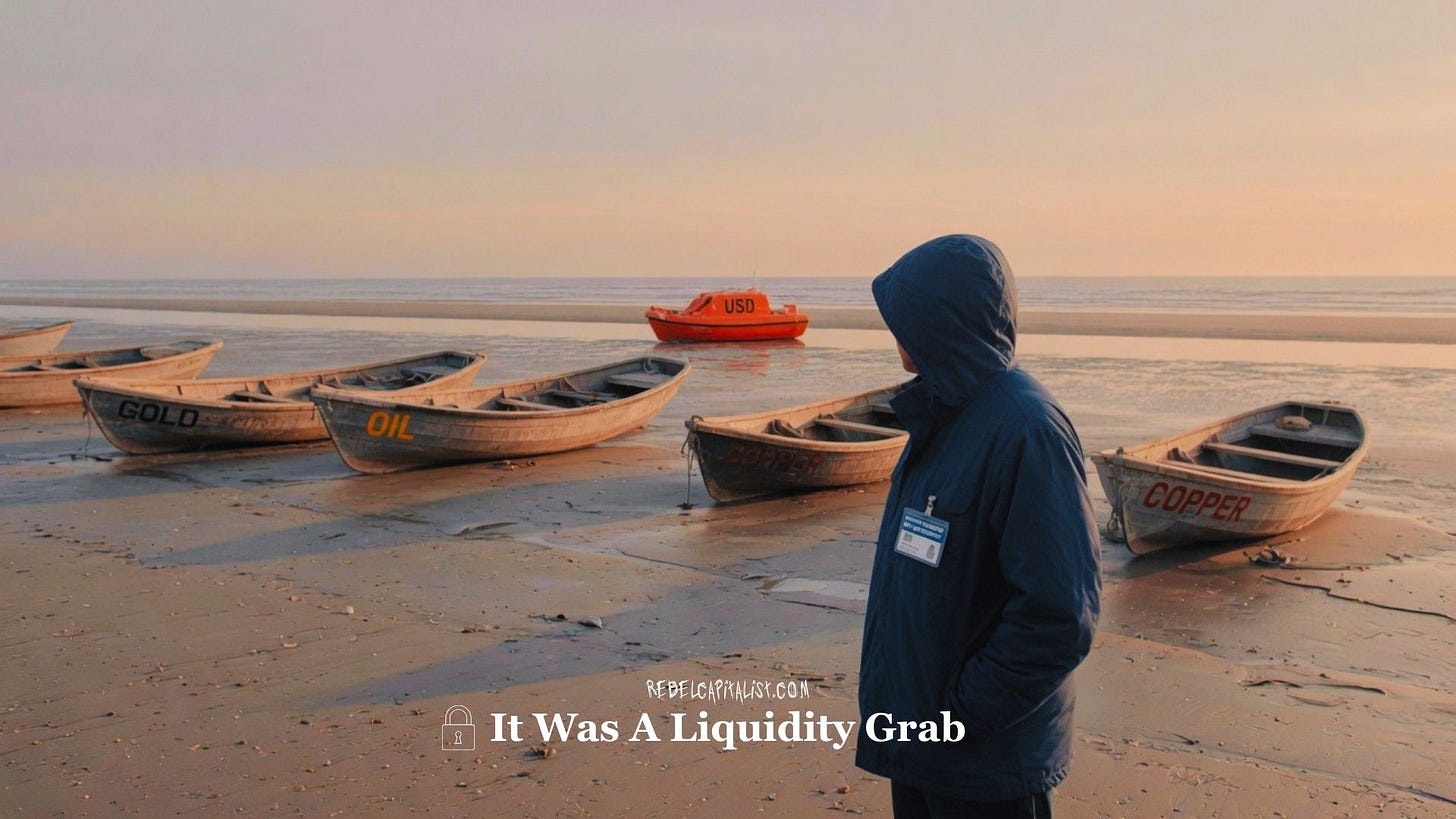 Person in hooded jacket observing boats labeled Gold Oil Copper USD on beach