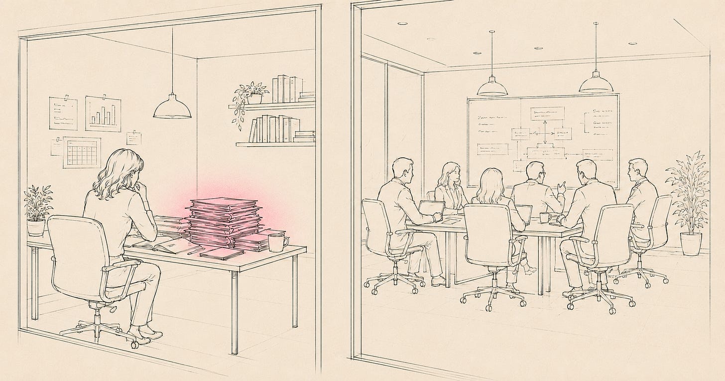 Split office illustration showing a leader working alone in one room with a large pile of documents, while a team of leaders collaborates around a meeting table in an adjacent conference room.